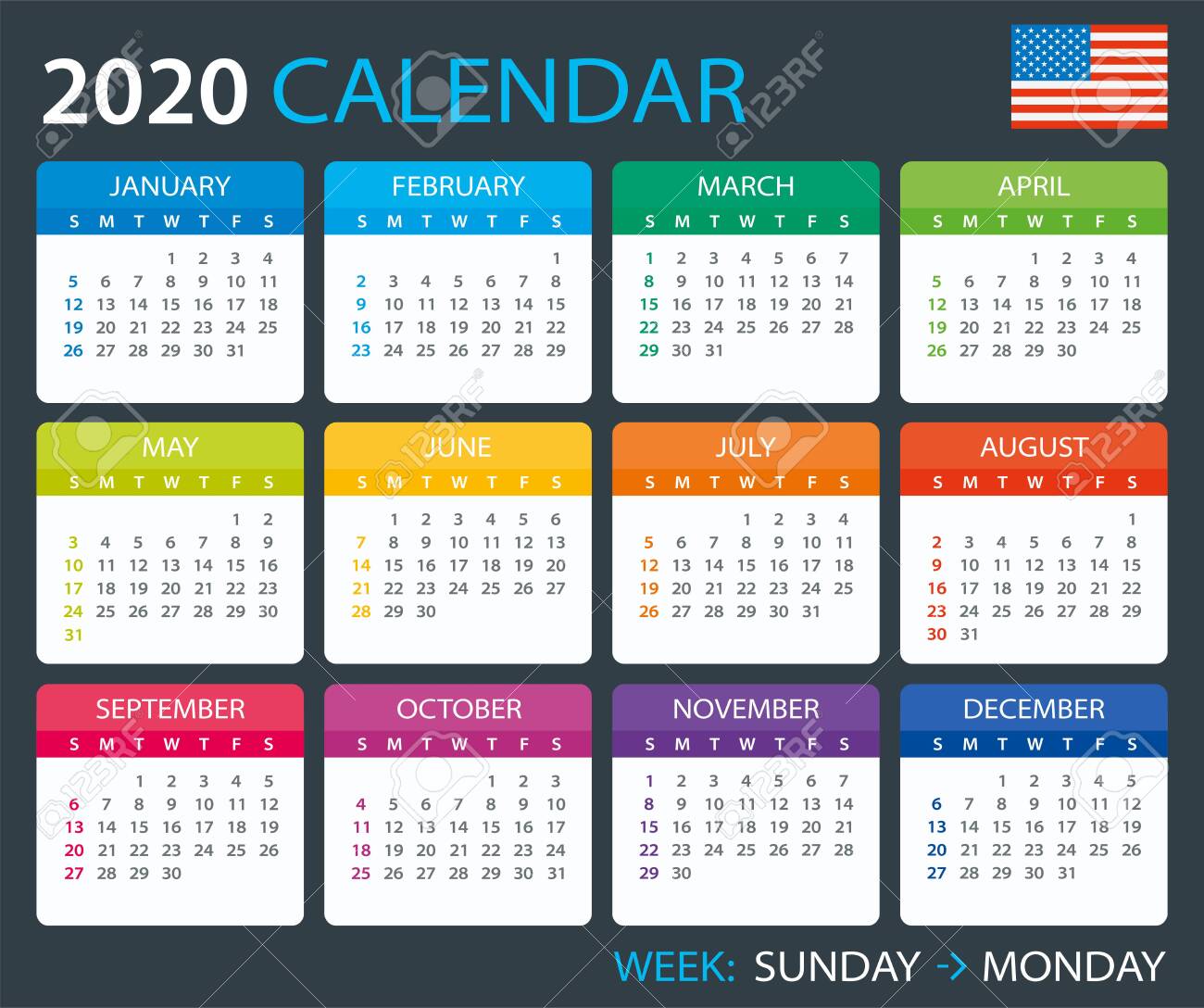 Vector template of color 2020 calendar - English American version