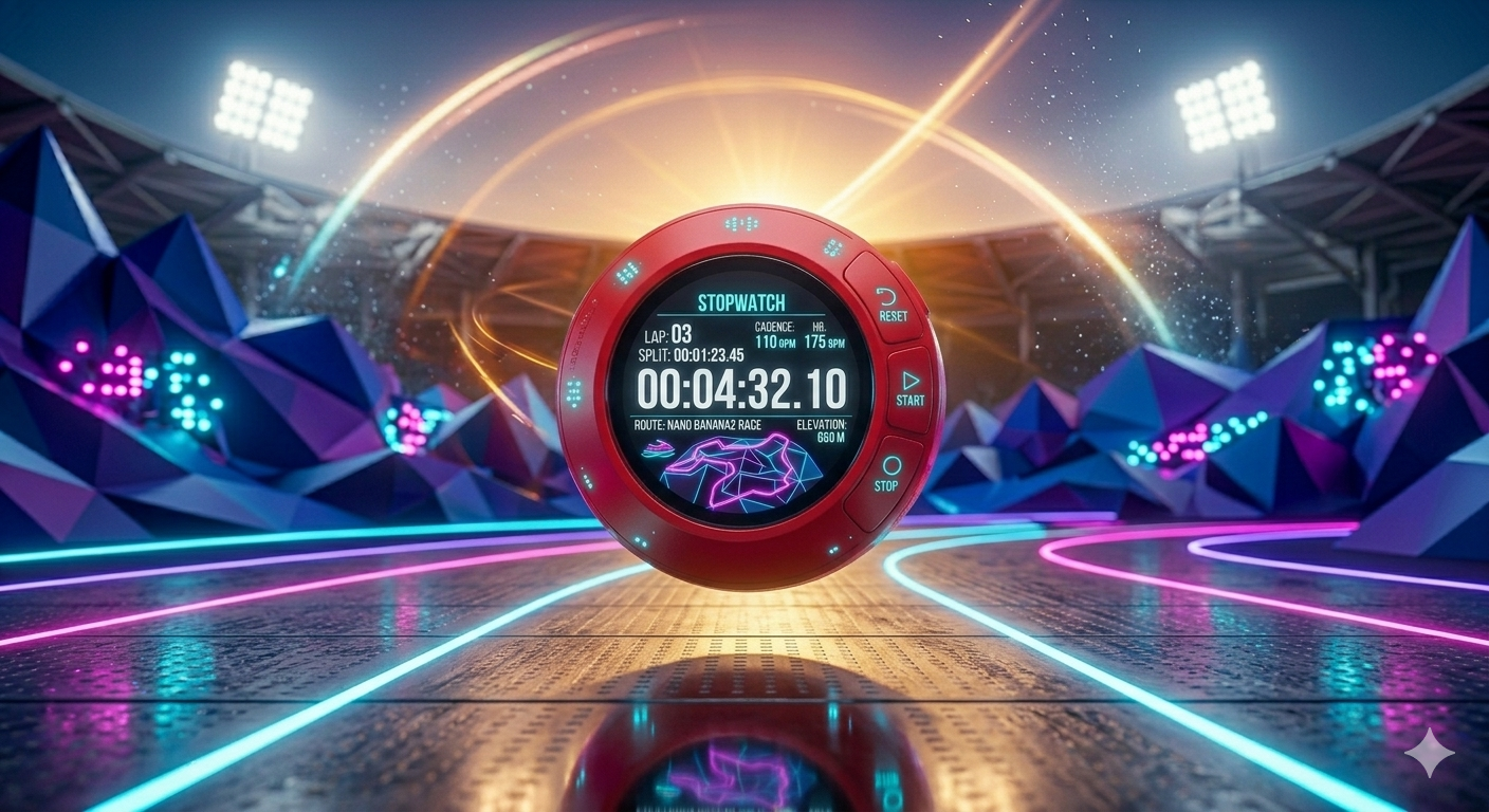 A high-tech digital stopwatch floating over a modern gymnasium floor, neon light reflections, clean sharp focus, hyper-realistic rendering